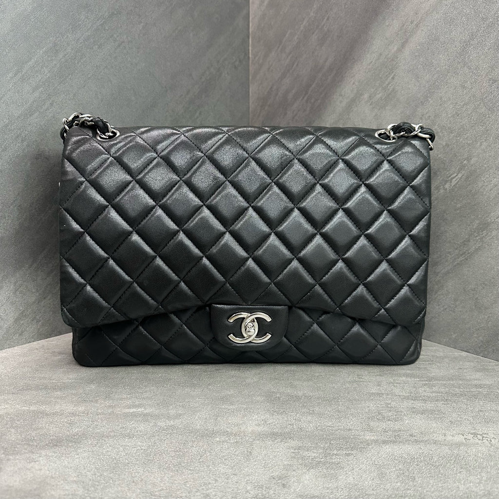 Chanel CF Maxi Black Silver-Tone Lambskin Chain Bag, 15 Series, Structured Silhouette, Clean Interior