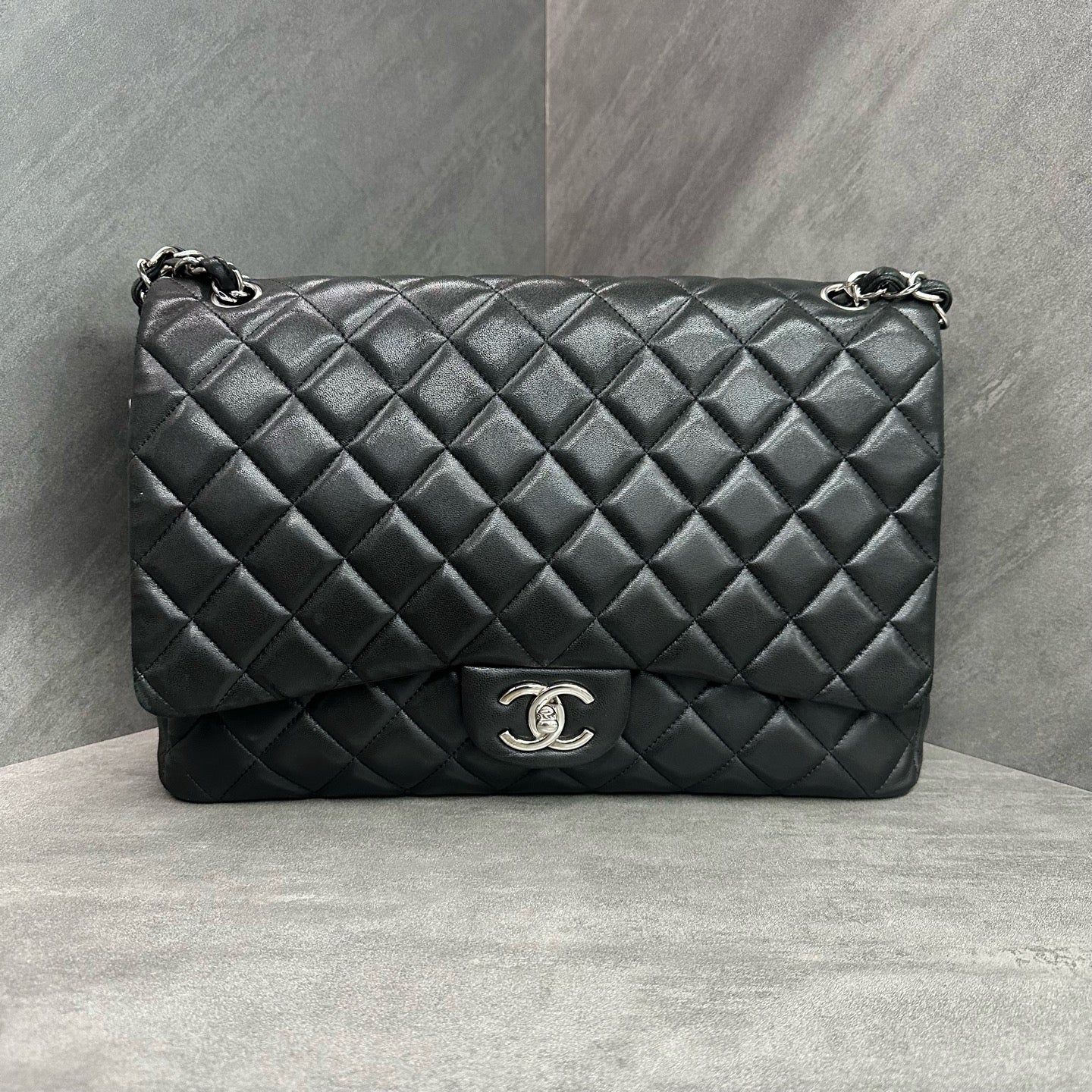 Chanel CF Maxi Black Silver-Tone Lambskin Chain Bag, 15 Series, Structured Silhouette, Clean Interior