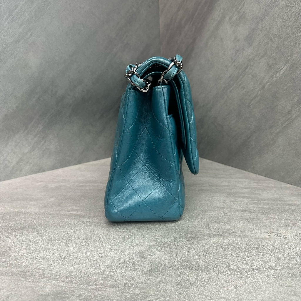 Chanel CF Jumbo Aqua Blue Silver Lambskin Chain Bag 15 Open Structure, Clean Interior.
