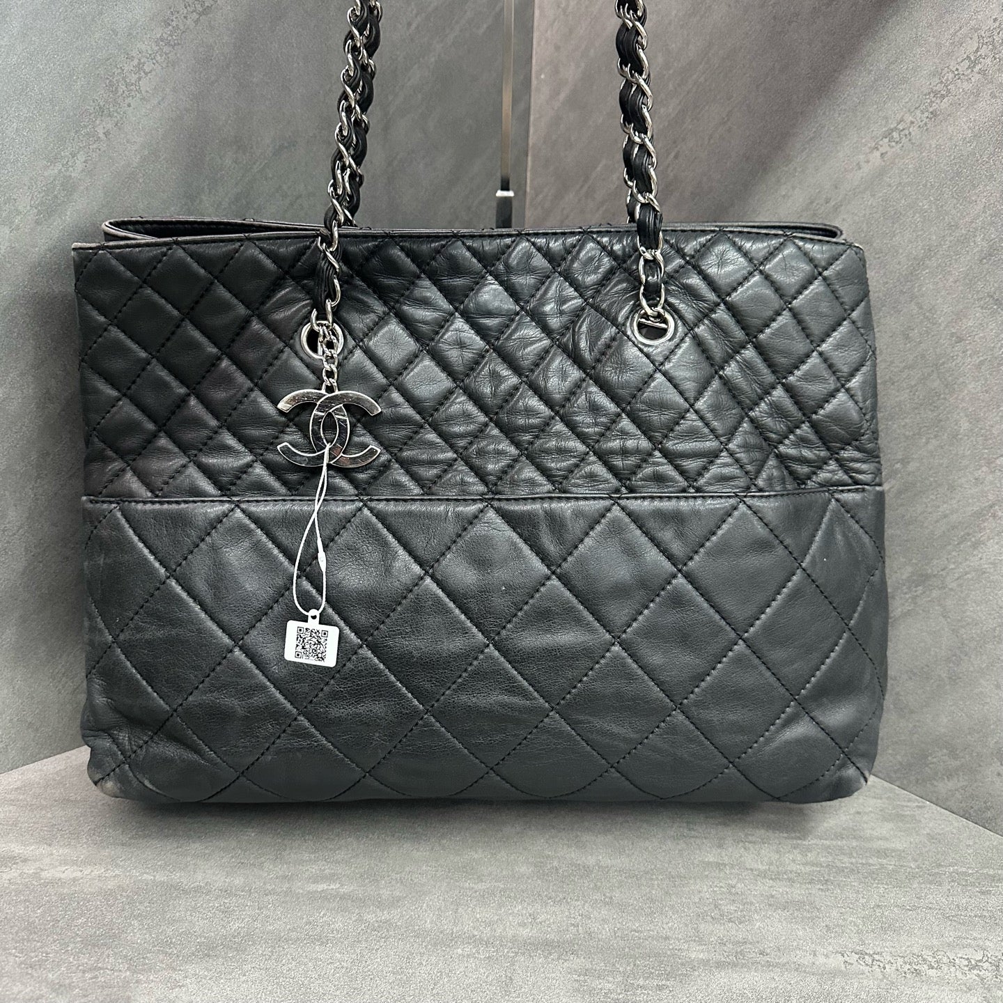 Chanel Quilted Tote Bag, Laser Marked 14th Batch, Black Cowhide Silver Shoulder Bag