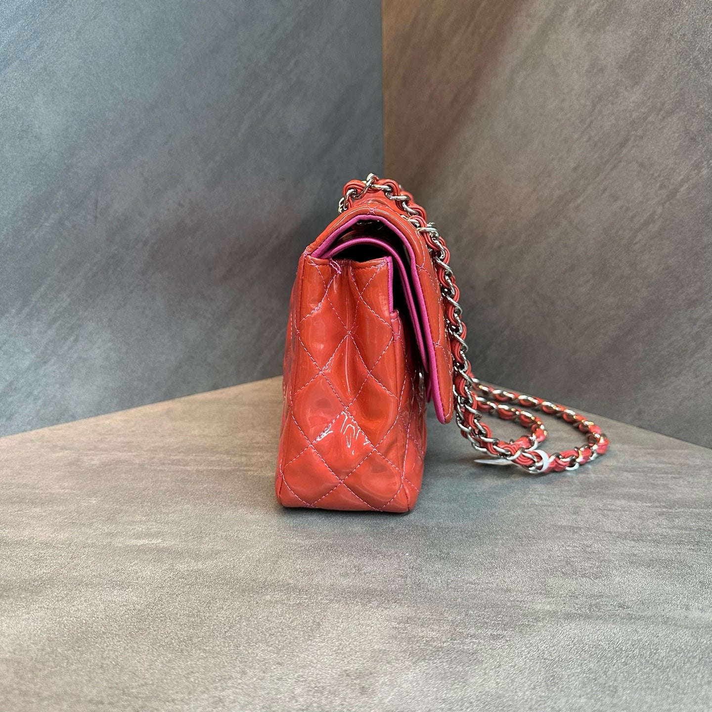 Chanel CF Medium Pink Silver-tone Hardware Patent Leather Chain Bag 14 Series