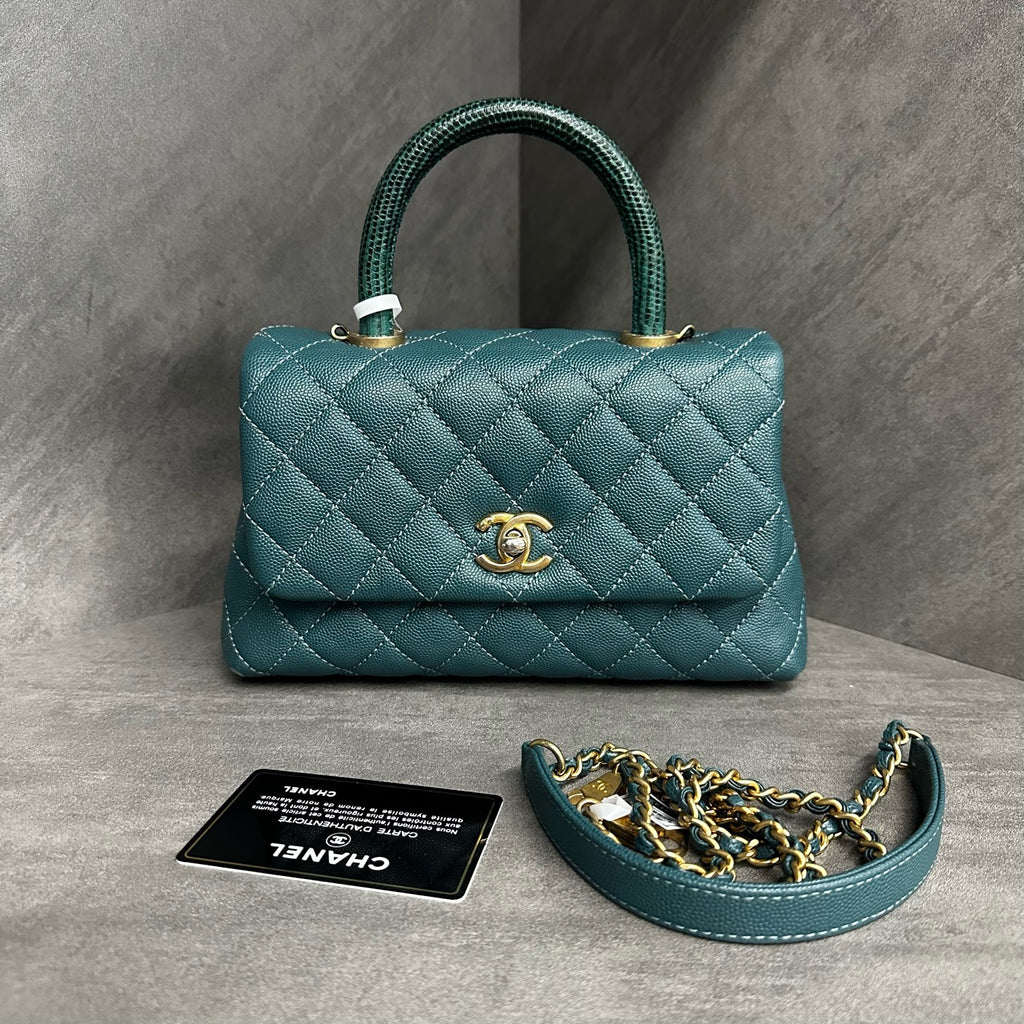 Chanel Coco Handle Small, Peacock Blue with Gold-tone Hardware, Grained Leather, 25-series with Authenticity Card