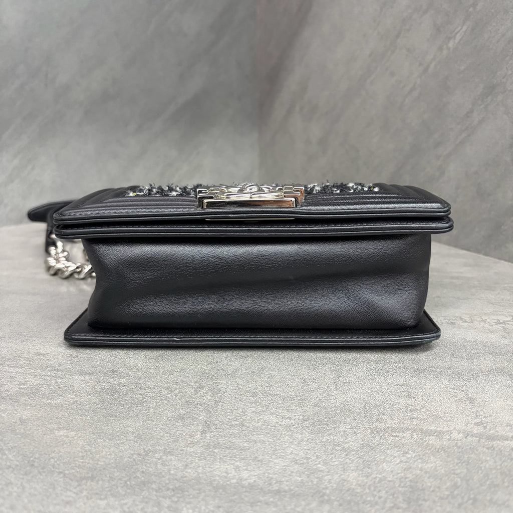Chanel Small Leboy Black Silver-tone Hardware Lambskin with Tweed Chain Shoulder and Crossbody Bag, Hologram Code Starting with 24, with Authenticity Card and Receipt