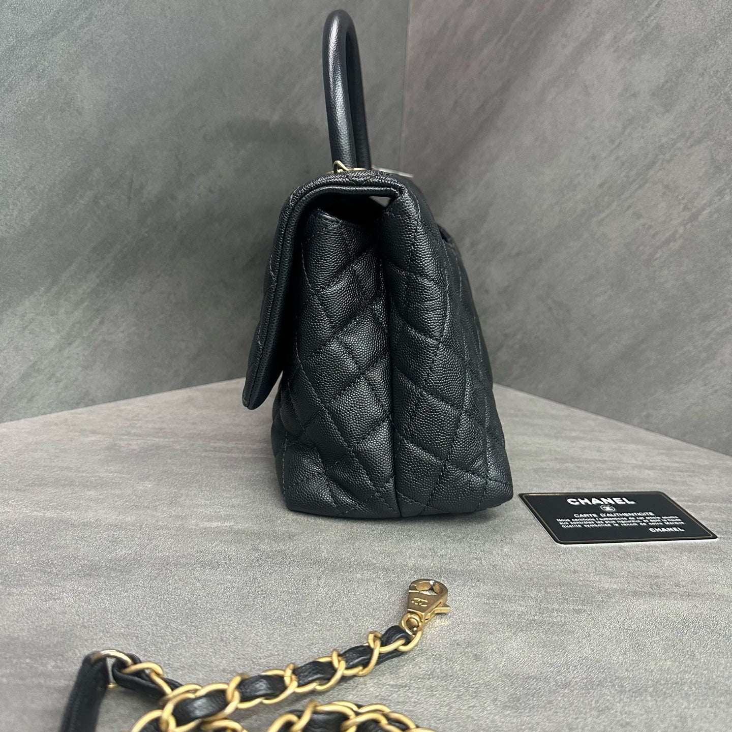 Chanel Coco Handle Medium Black-Gold Litchi Leather Chain Bag 25 with Card