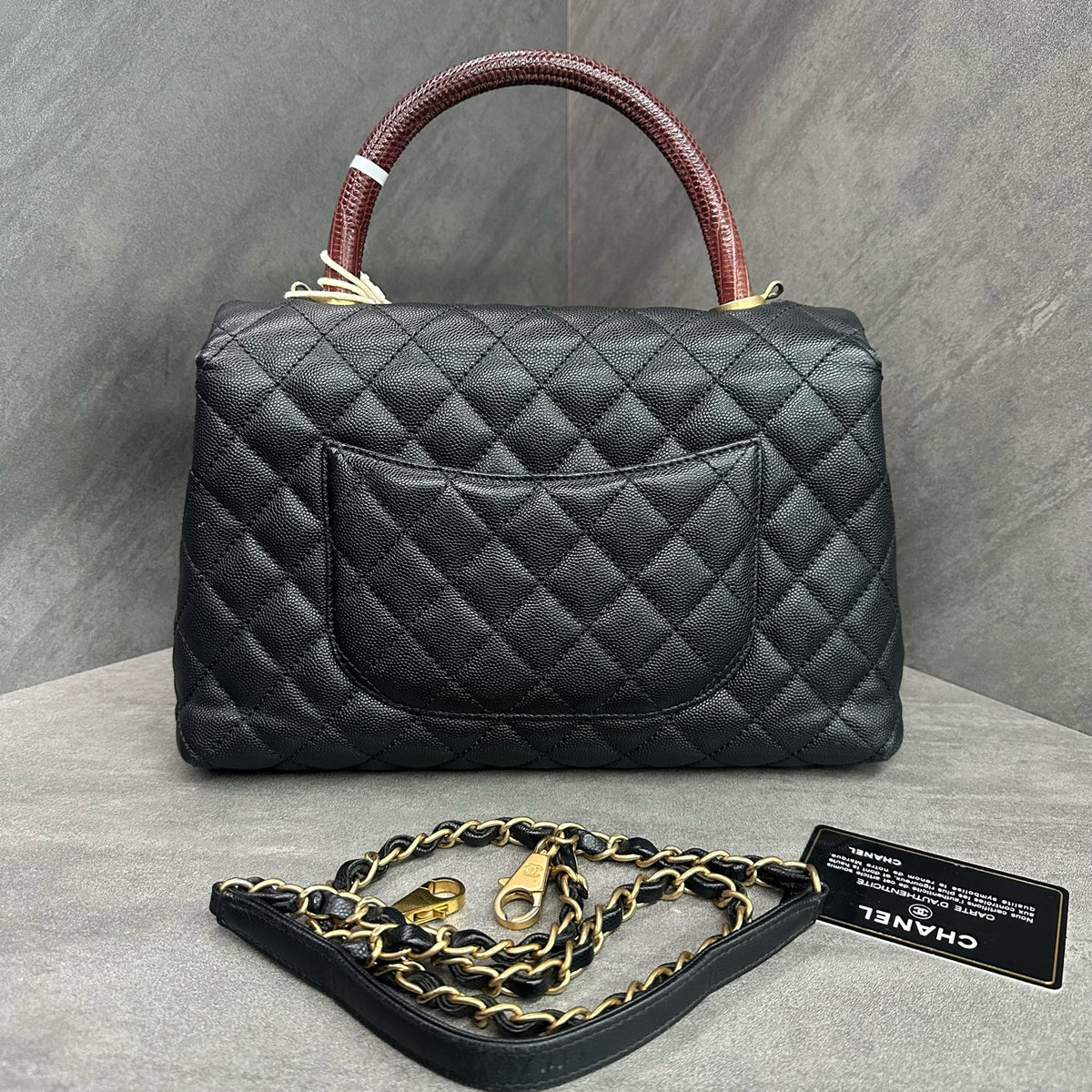Chanel Coco Handle Medium Black Gold Lizard Handle Laser 24K with Card