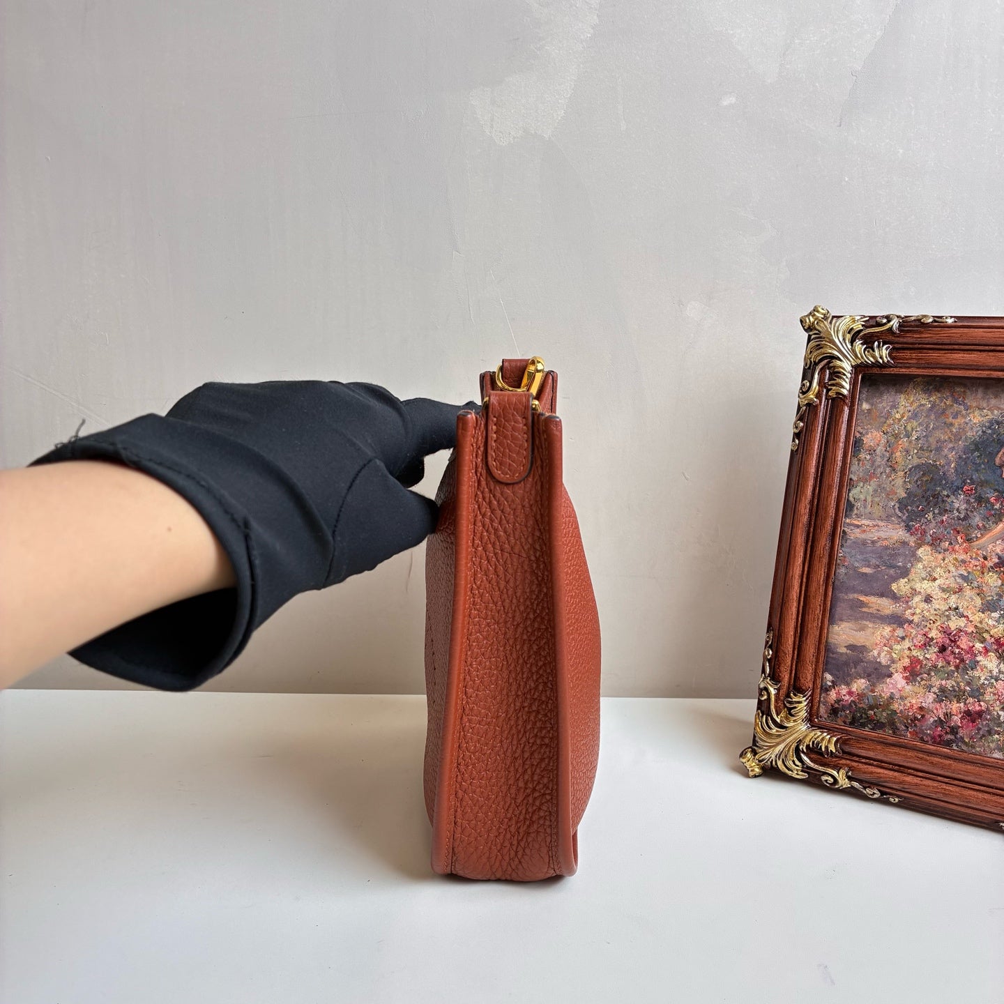Hermes Mini Evelyne Red Brown with Gold Buckle U Stamp 99% New Size: 17x5.5x1