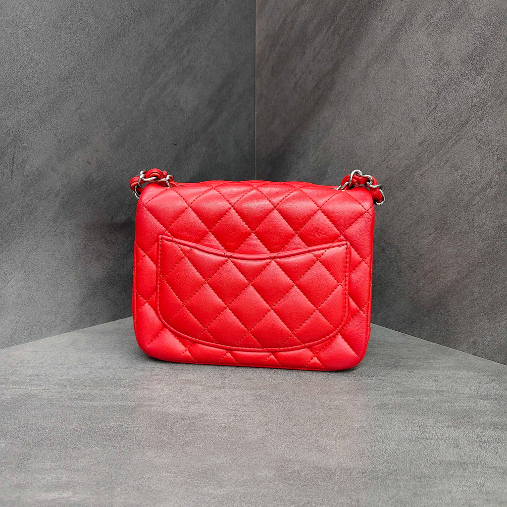 Chanel CF Square Flap Bag in Red Silver Lambskin with Chain, Size 27, comes with card, structured shape, and clean interior.