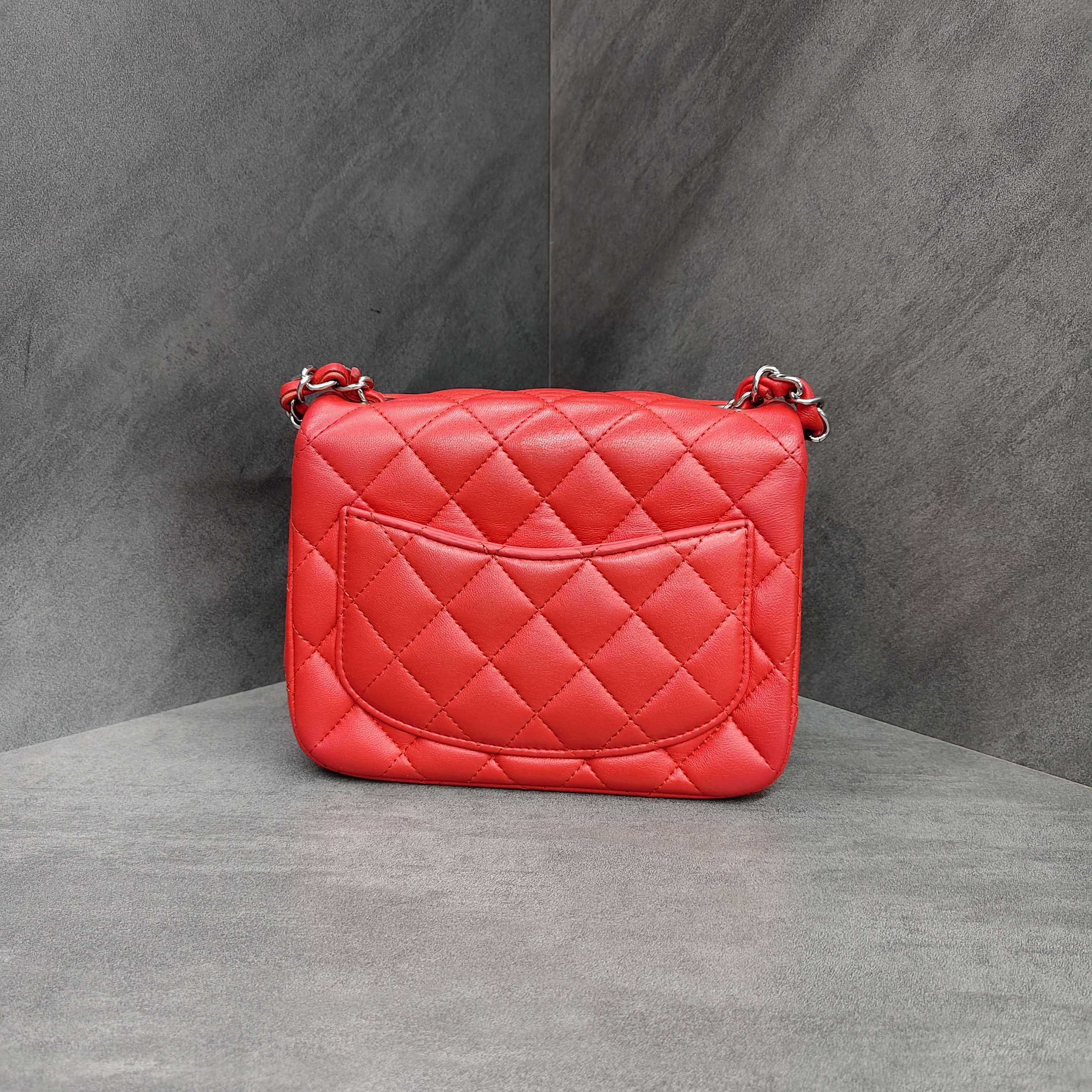 Chanel CF Square Flap Bag in Red Silver Lambskin with Chain, Size 27, comes with card, structured shape, and clean interior.