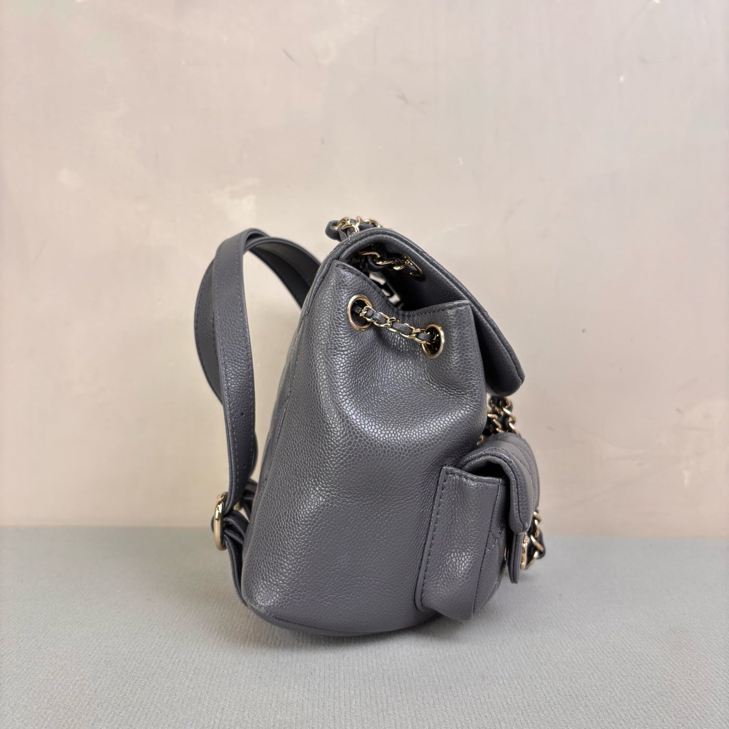 Chanel Duma Frog Bag Small Backpack in Grey and Gold Litchi Leather, 99% New, Size 18*17.