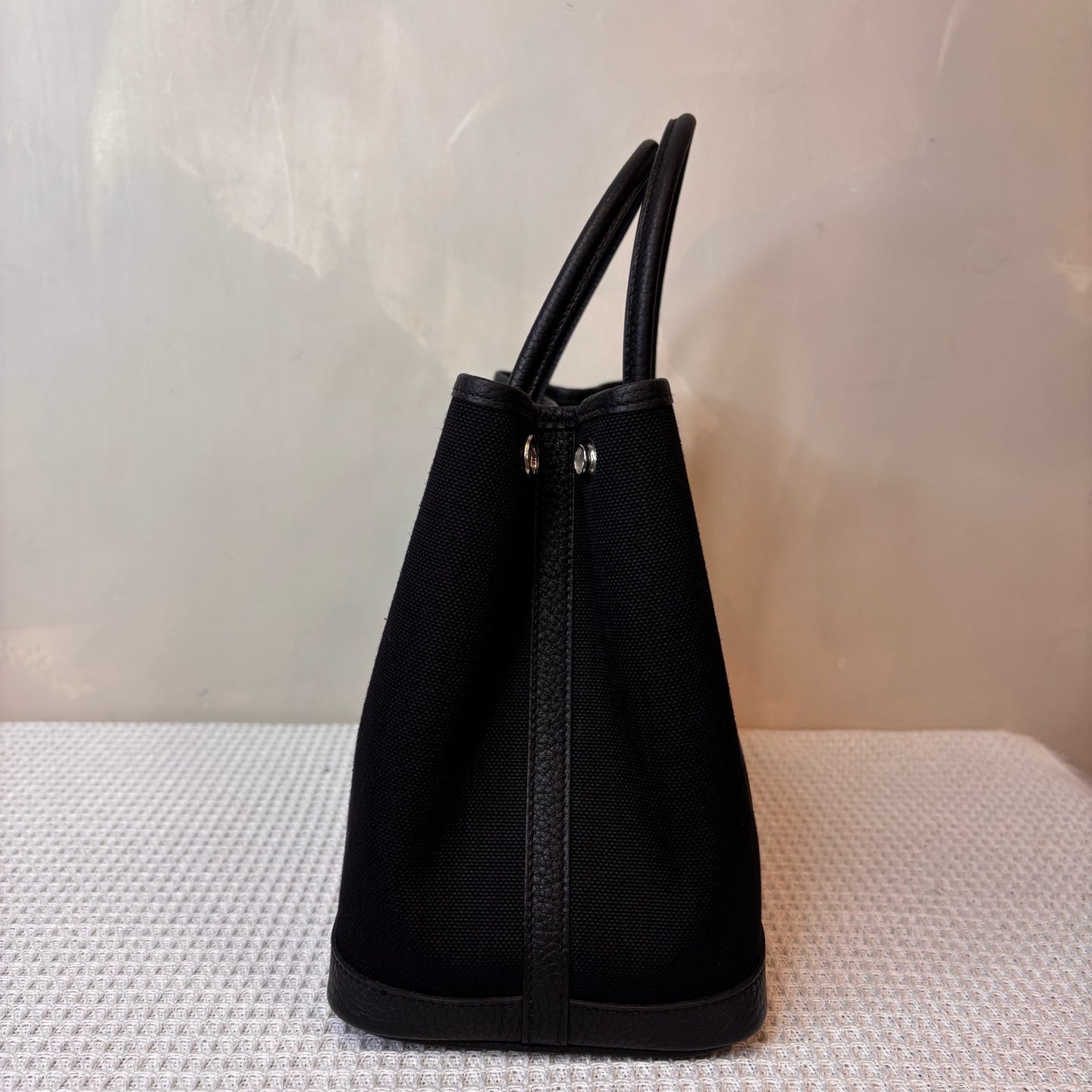 99% new Hermes Garden Party 30, black and silver Garden bag, canvas with leather, K刻.