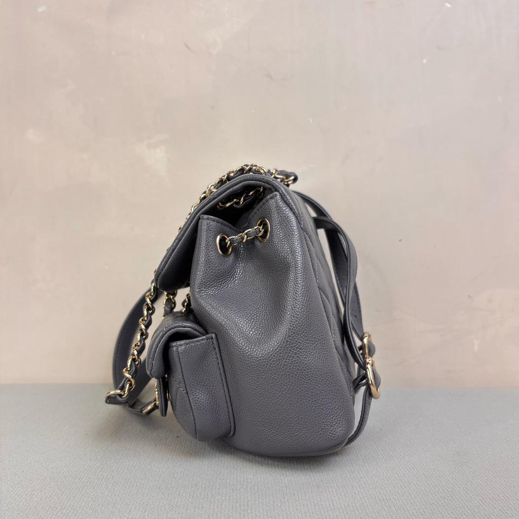 Chanel Duma Frog Bag Small Backpack in Grey and Gold Litchi Leather, 99% New, Size 18*17.