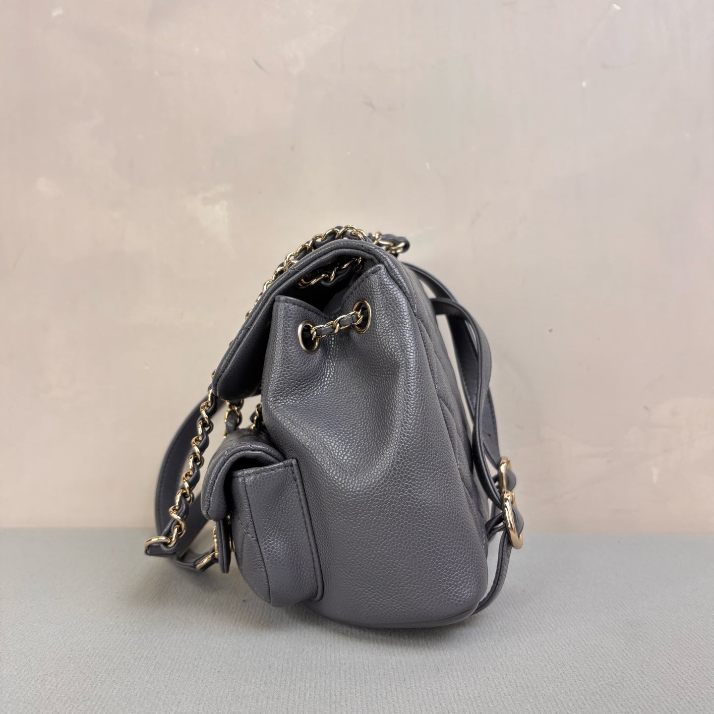 Chanel Duma Frog Bag Small Backpack in Grey and Gold Litchi Leather, 99% New, Size 18*17.
