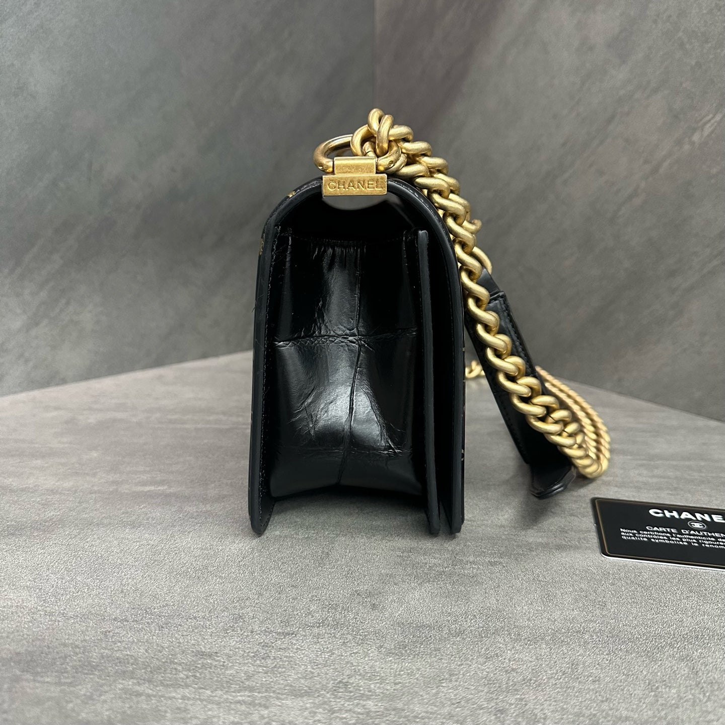 Chanel Leboy Medium, Limited Edition Egypt Collection, Black Gold Crocodile-Embossed Graffiti, 28 Series with Authenticity Card
