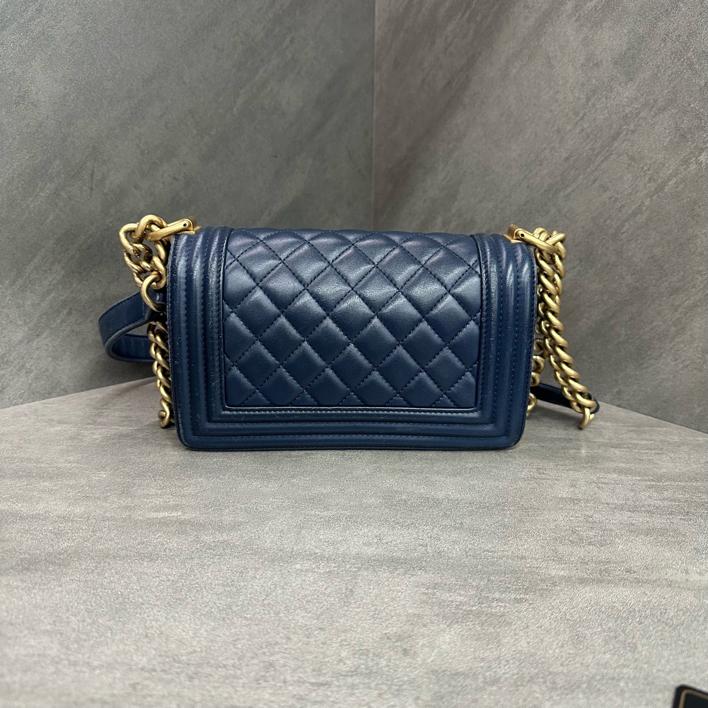 Chanel Le Boy Small Blue Golden Calfskin Chain Bag 24K with Card, Structured Shape, Clean Interior