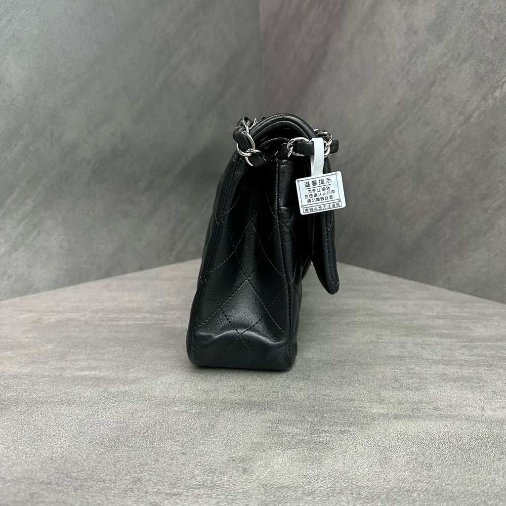 Chanel CF Medium Black and Silver Lambskin Chain Bag 27 Open, structured design, clean interior.