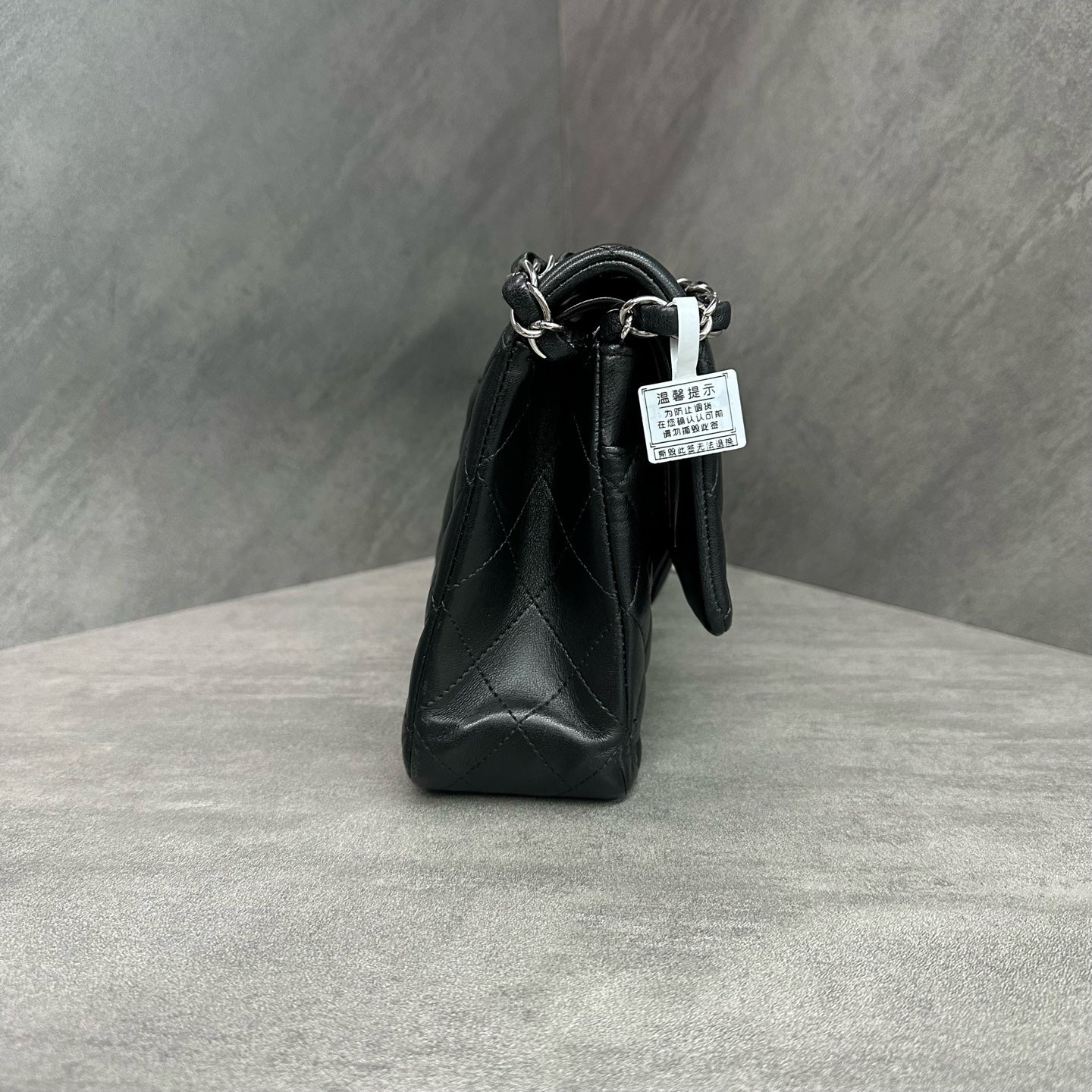 Chanel CF Medium Black and Silver Lambskin Chain Bag 27 Open, structured design, clean interior.