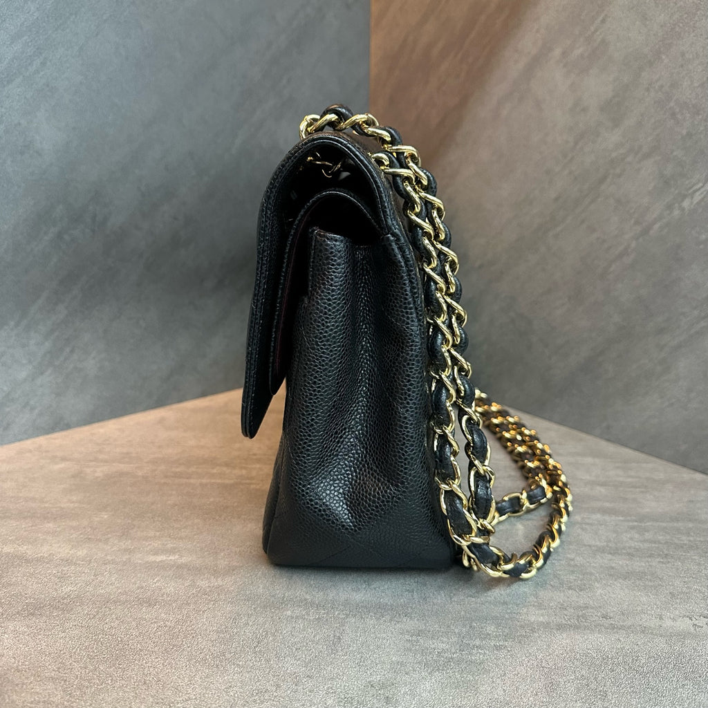 Chanel Jumbo Black & Gold Caviar Leather Chain Bag, 15 serial, structured shape, clean interior