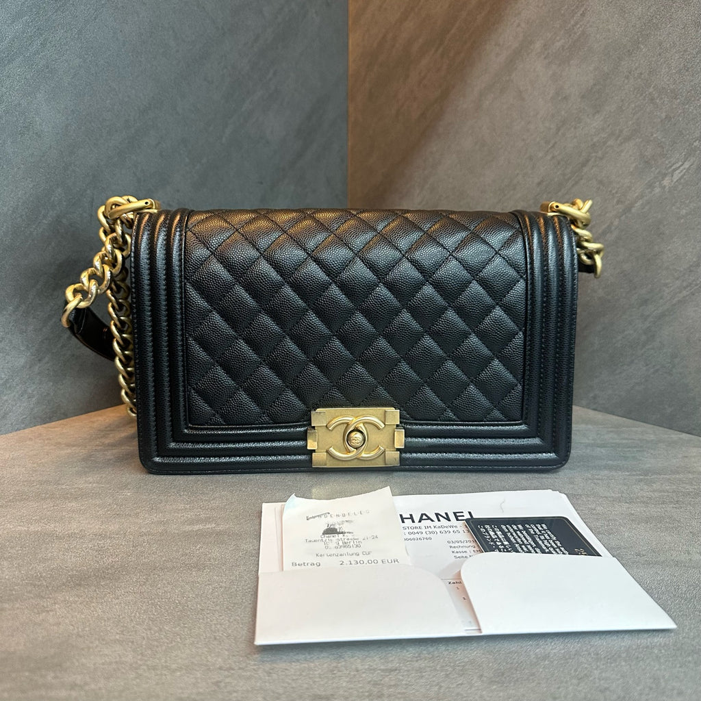 Chanel leboy medium size black-gold litchi leather chain bag, 25-series, with card and receipt