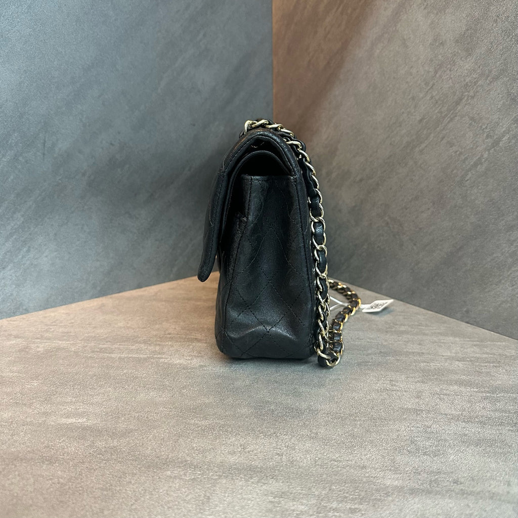 Chanel cf medium size black gold sheepskin chain bag, 16K