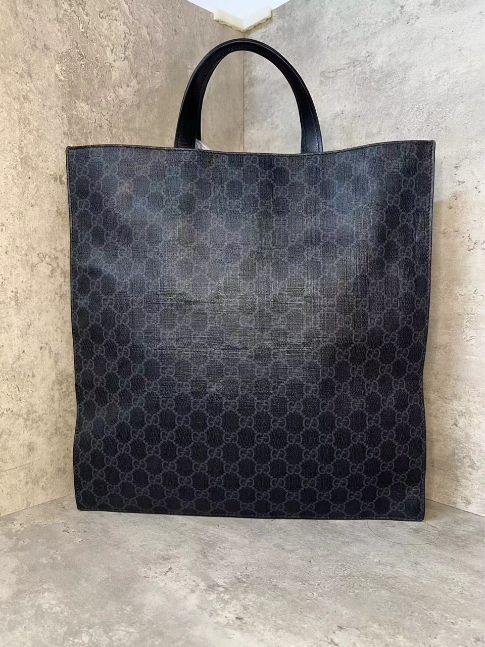 Gucci Tiger Head UFO Embroidered Monogram Logo Badge Striped Webbing Strap Vertical Tote Bag, Shoulder Crossbody Handbag, Grayish Black