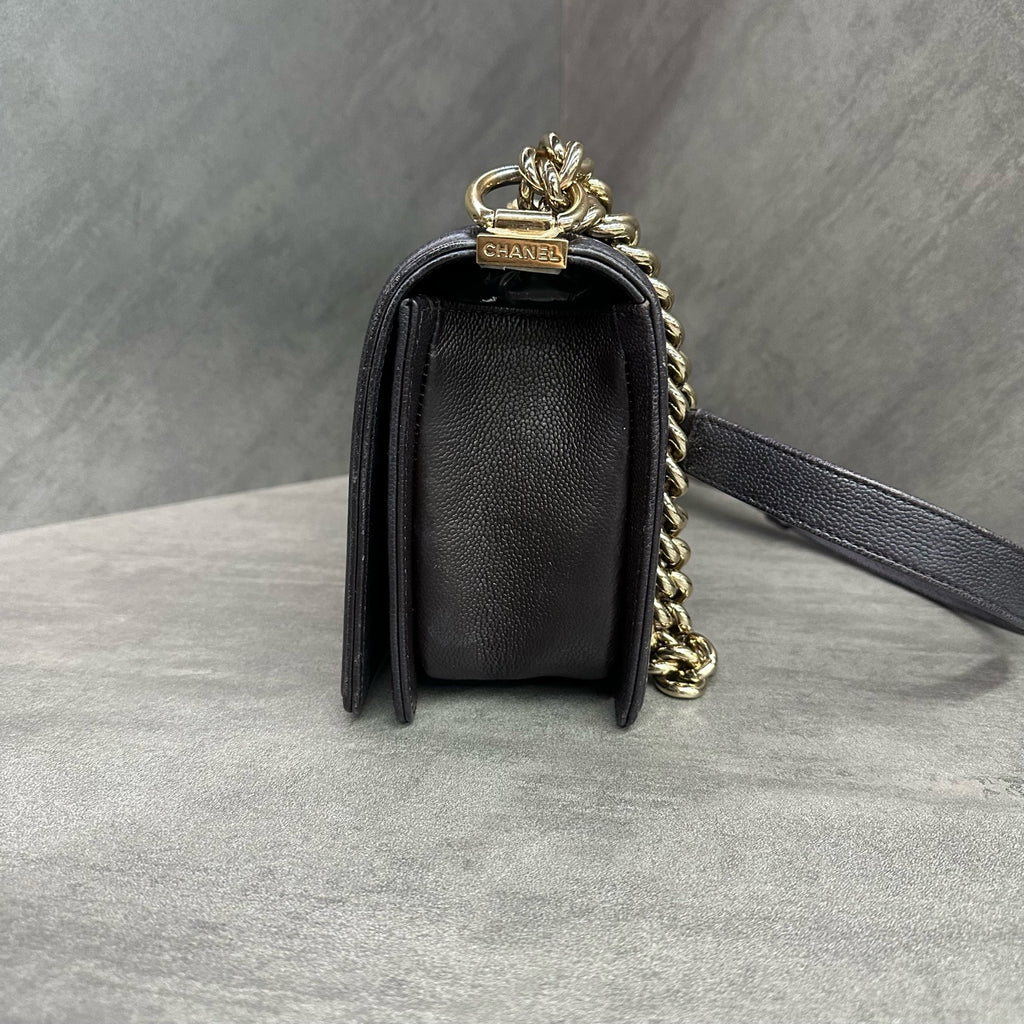 Chanel Le Boy Medium Brown Gold Hardware Litchi Grain Leather Chain Bag, chip included, structured design, clean interior.