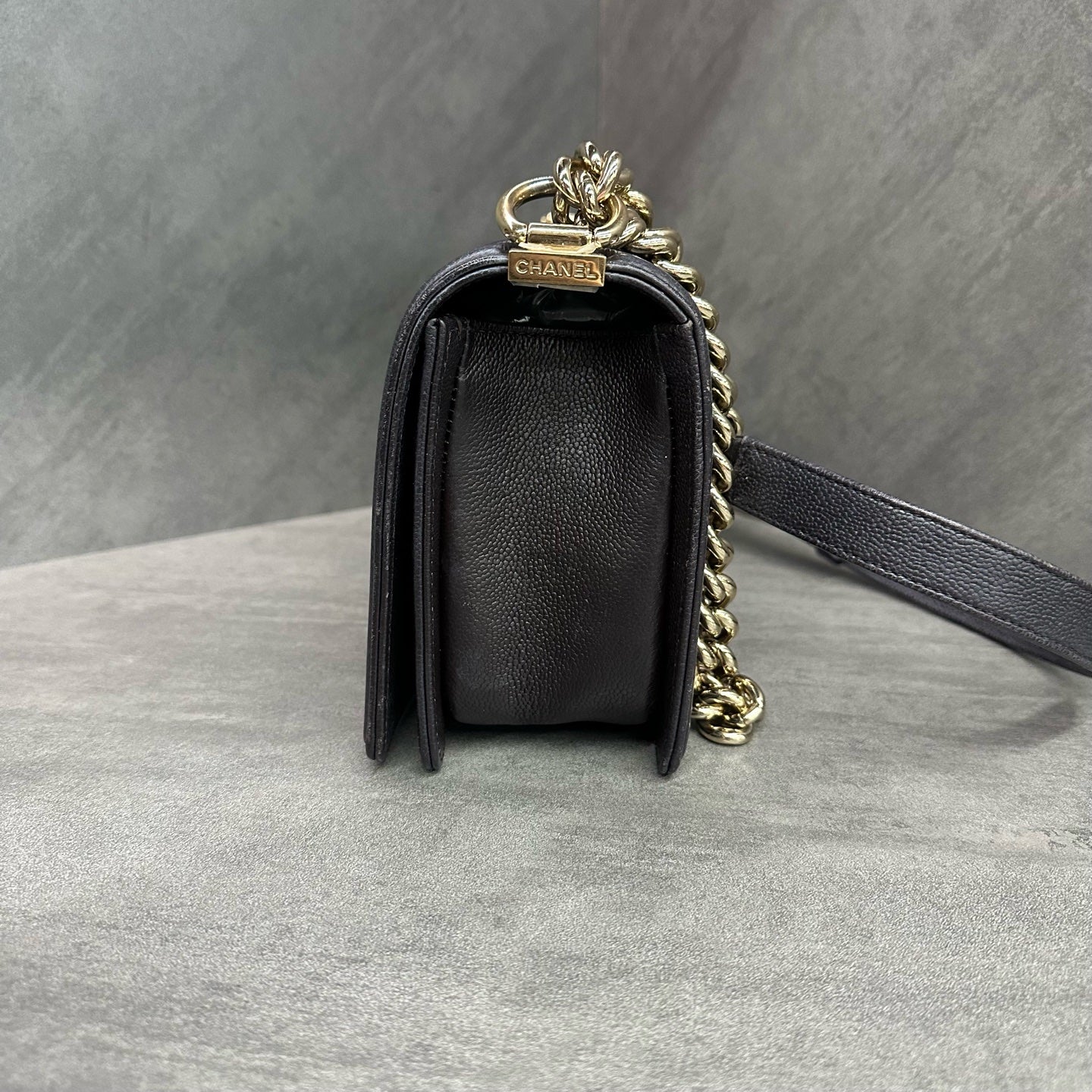 Chanel Le Boy Medium Brown Gold Hardware Litchi Grain Leather Chain Bag, chip included, structured design, clean interior.