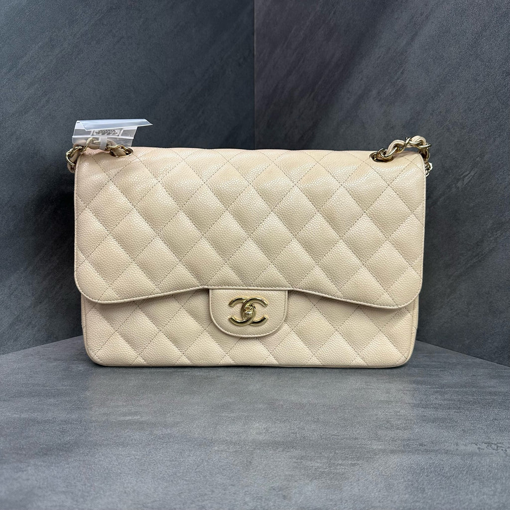 Chanel cf jumbo Beige gold buckle lychee cowhide chain bag 15, open bag type, three-dimensional inside clean