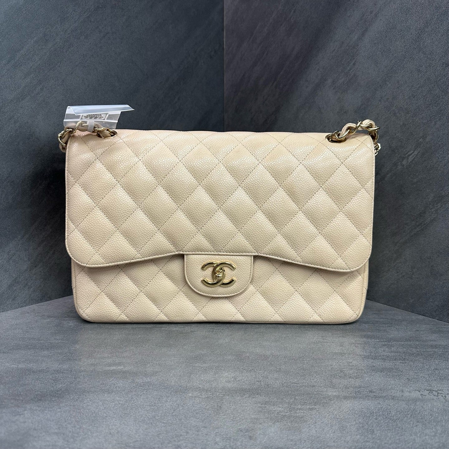 Chanel cf jumbo Beige gold buckle lychee cowhide chain bag 15, open bag type, three-dimensional inside clean
