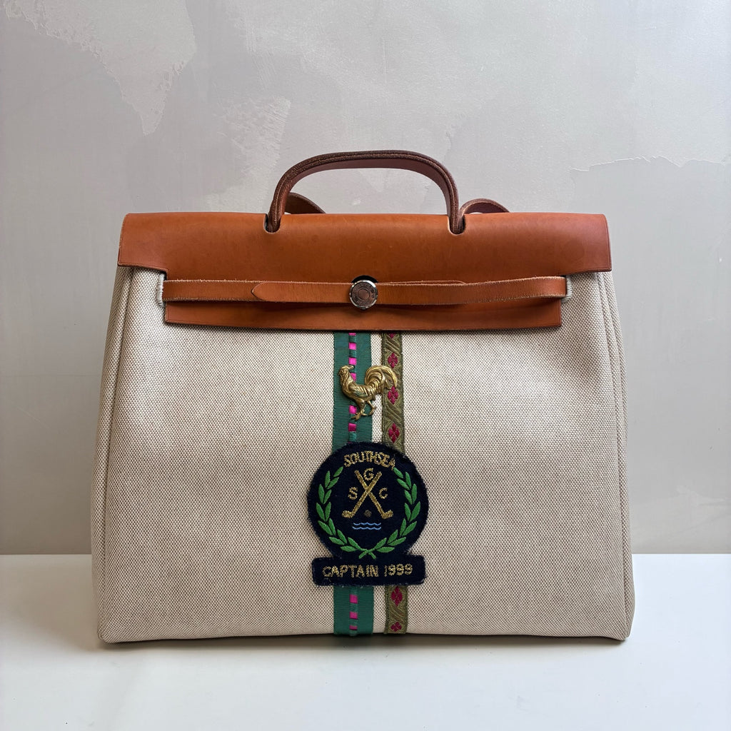Hermes Herbag39 Canvas and Leather Beige Silver Buckle Crossbody Bag Size: 39*38 Frame C engraving Single