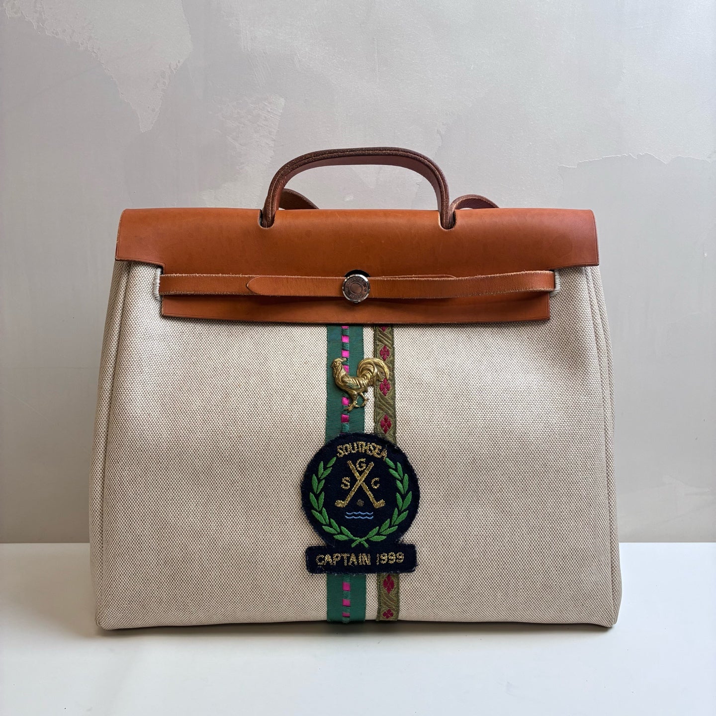Hermes Herbag39 Canvas and Leather Beige Silver Buckle Crossbody Bag Size: 39*38 Frame C engraving Single