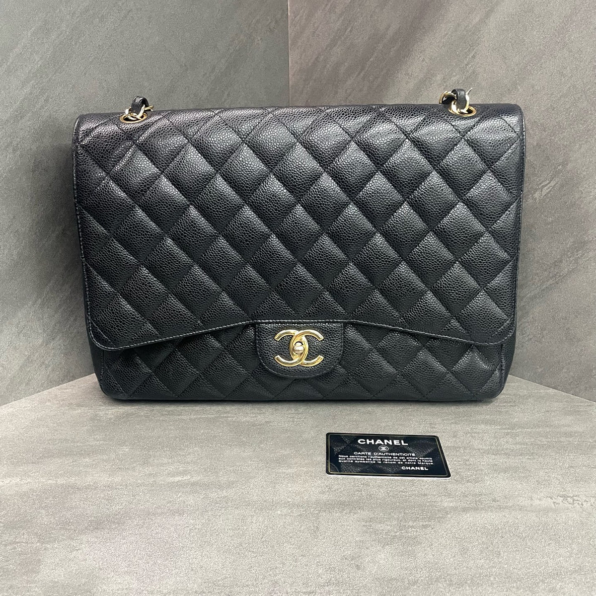 Chanel CF Maxi Large Black and Gold Caviar with Card, Available at a Great Price.