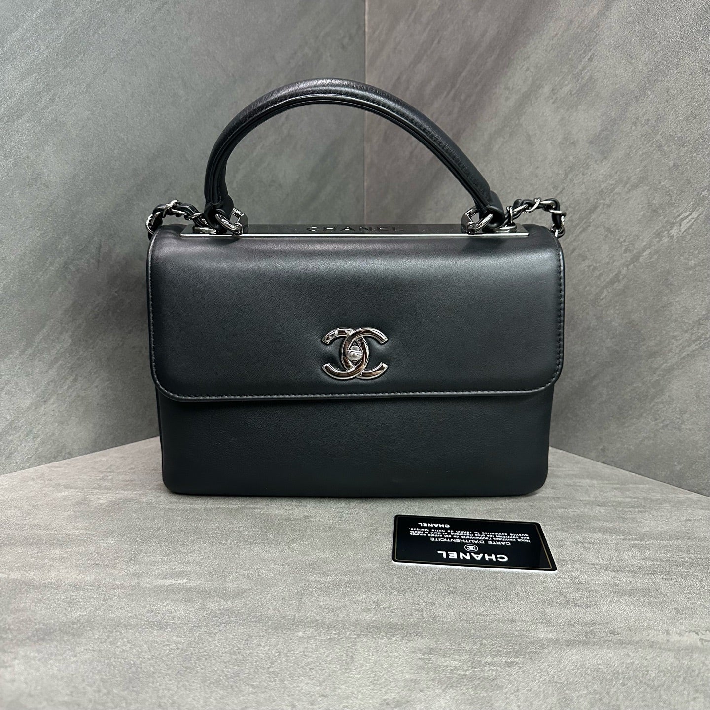 Chanel Trendy CC Small Black and Silver Chain Bag Glossy Calfskin Model 26 with Card (Consignment)