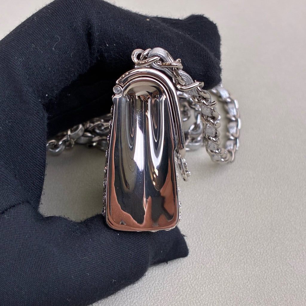 Chanel tiny bag mini silver full rhinestone necklace bag gray lambskin chain water crystal inlay size 6*