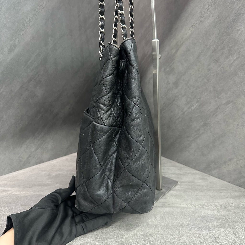 Chanel Quilted Tote Bag, Laser Marked 14th Batch, Black Cowhide Silver Shoulder Bag