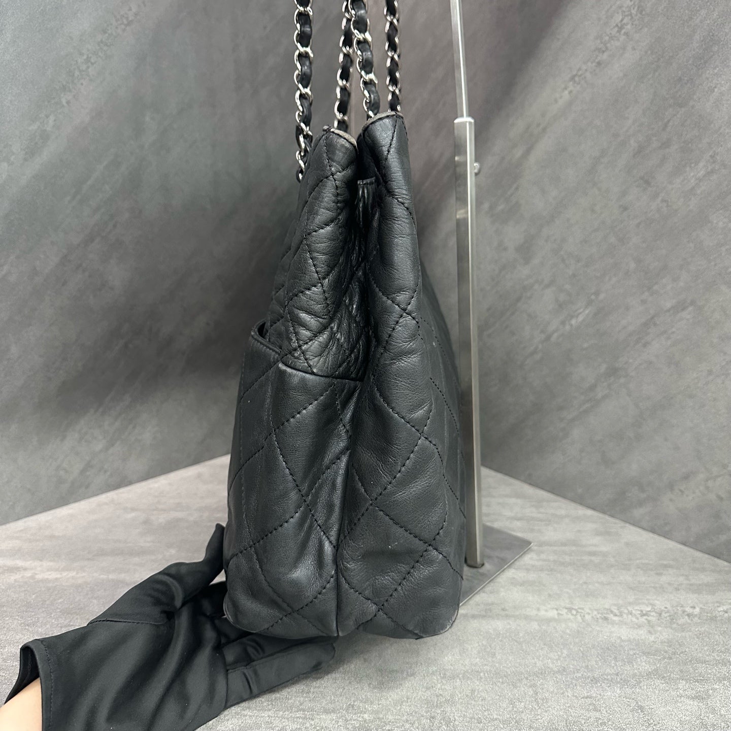 Chanel Quilted Tote Bag, Laser Marked 14th Batch, Black Cowhide Silver Shoulder Bag
