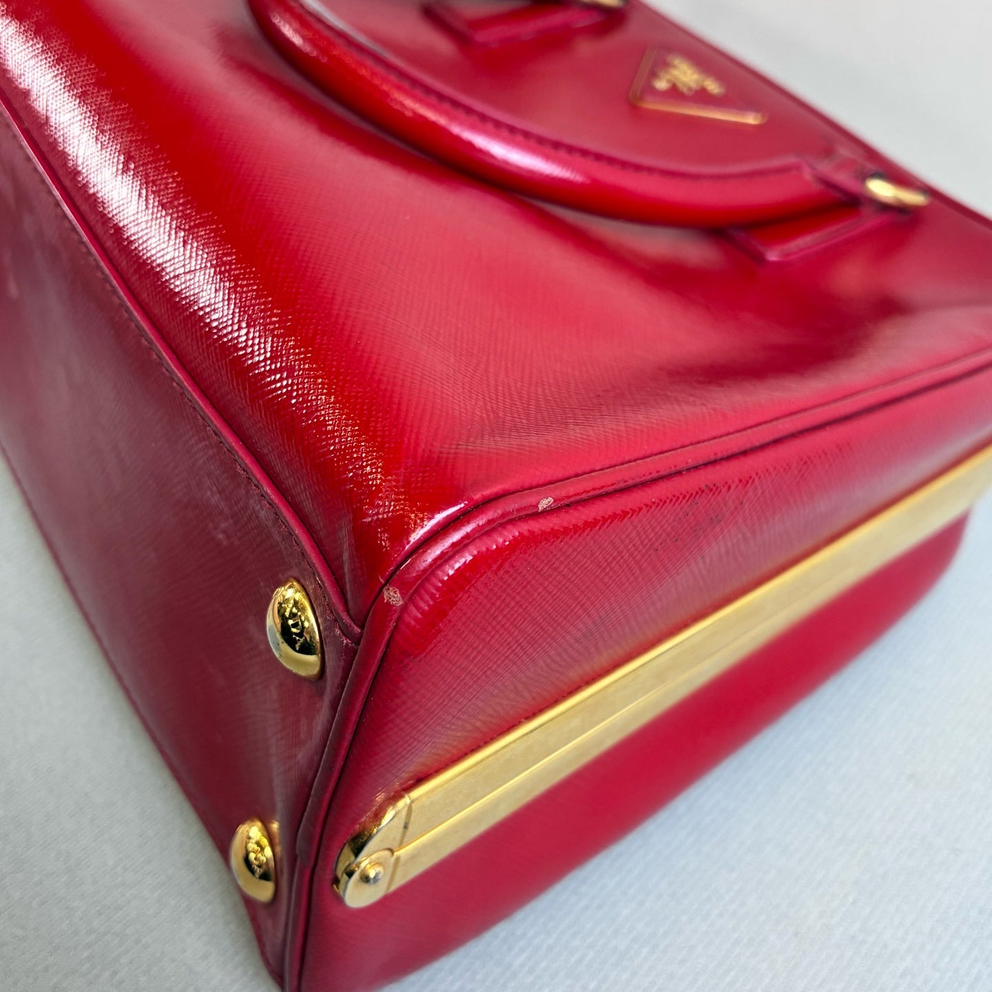 Prada 95% New Red Patent Leather Tote Bag Classic Triangle Logo Crosshatch Leather Size