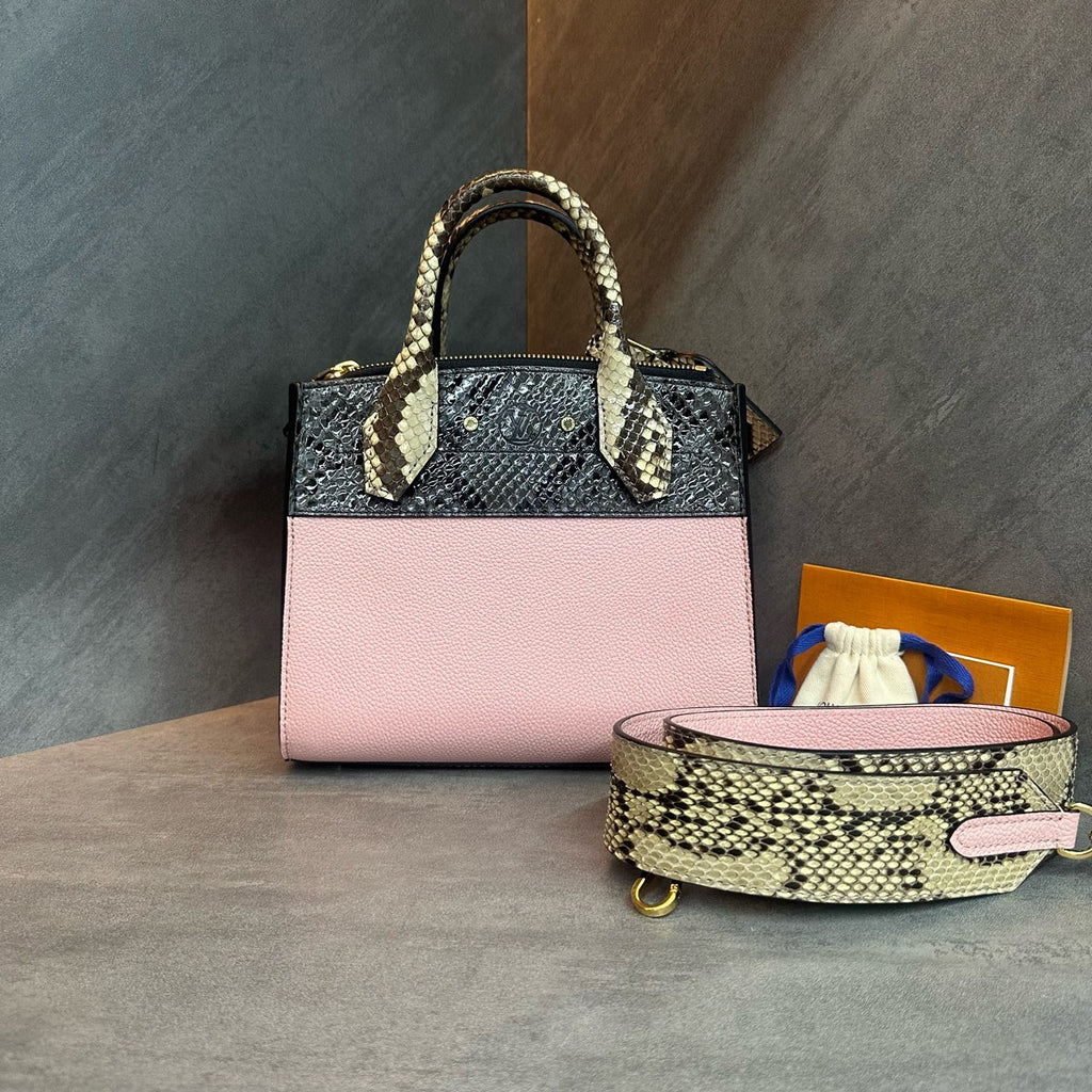LV Louis Vuitton Pink Calfskin with Snake Skin City Steamer Small Size, Accessories: Shoulder Strap, Key and Lock, In Stock at Great Price