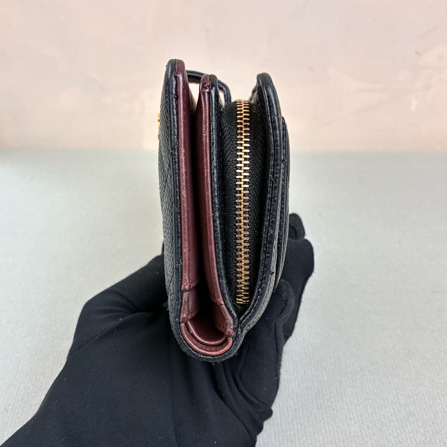 Chanel Black Gold Litchi Leather Short Wallet, 21 Series, Classic Diamond Pattern, Gold Logo Clasp, Interior Burgundy Color, 98% New Condition.