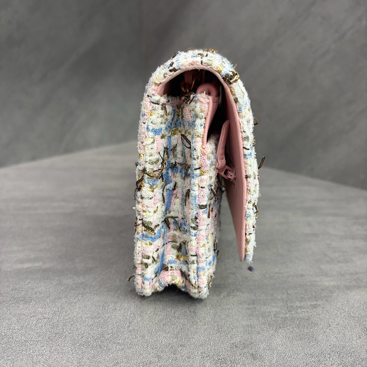 Chanel Limited Edition Powder Blue Tweed Woc Bag Fortune Chain Bag, with a structured silhouette, clean interior, 27 serial number with authenticity card, in original condition