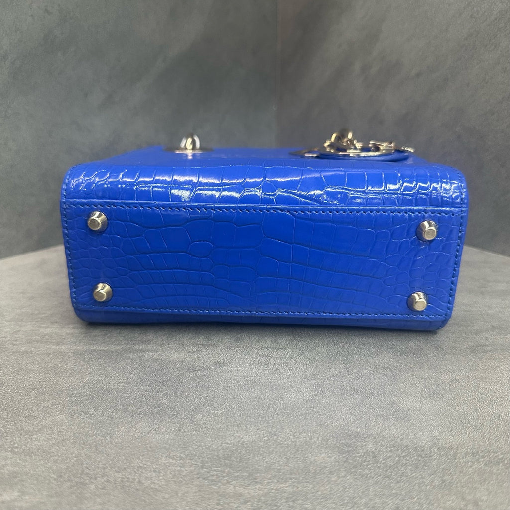Dior Lady Dior crocodile 3-grid blue silver clasp 2021 99% new
