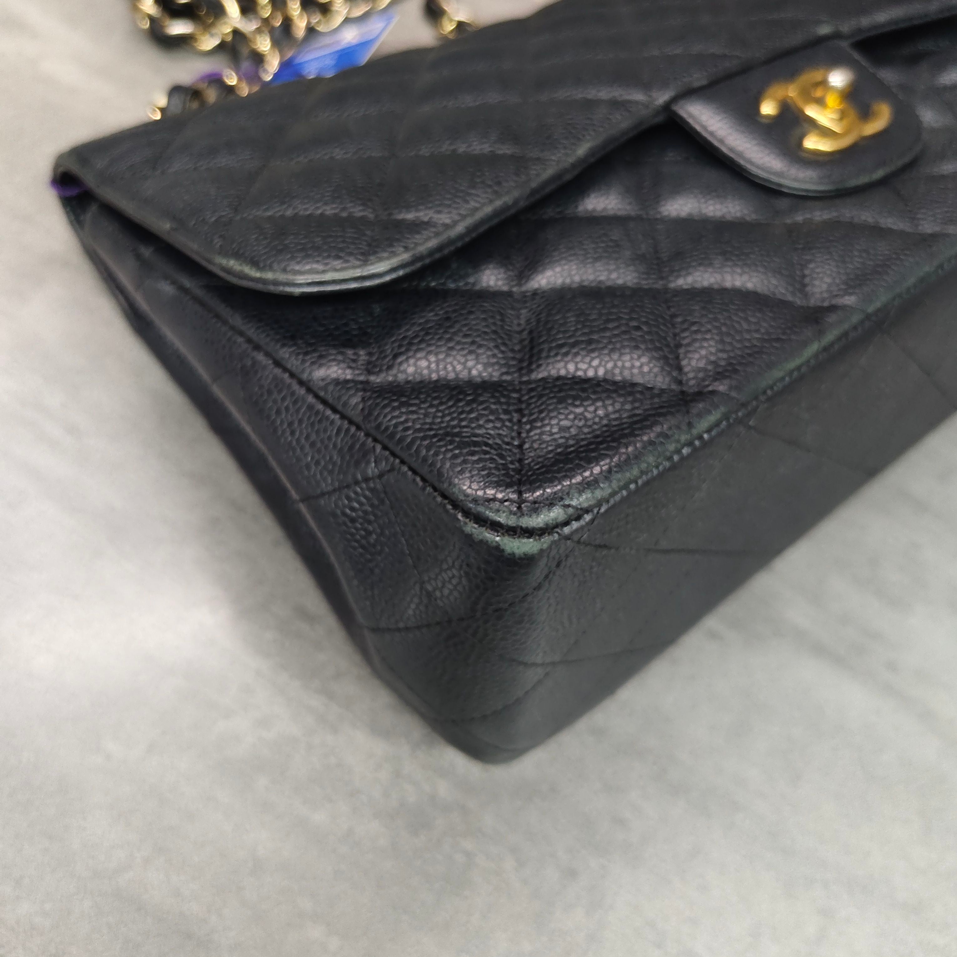 Chanel CF Jumbo Black and Gold Litchi Leather Chain Bag 16 Opening, Structured Shape, Clean Interior