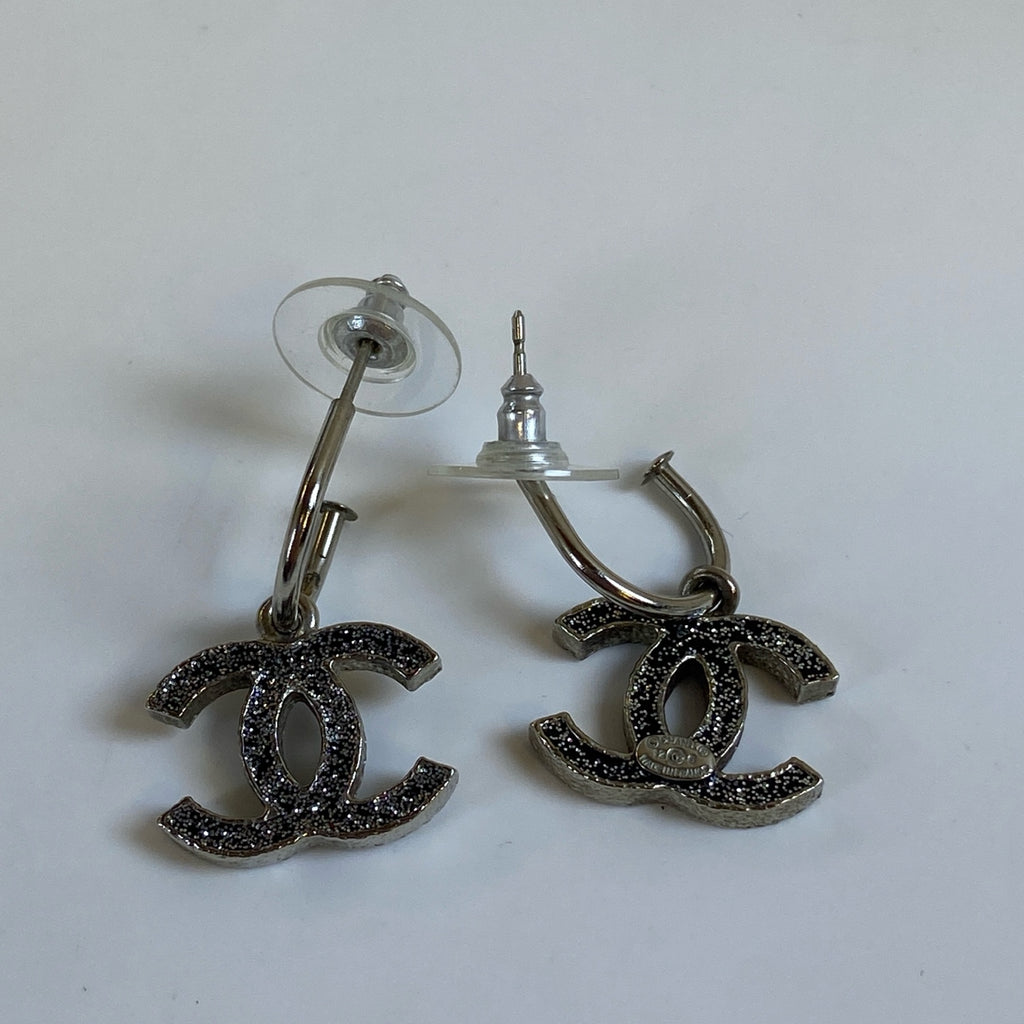 Chanel Double C Silver Logo Wheat Earrings