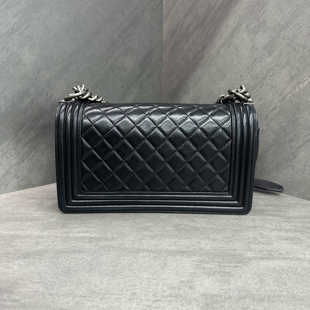 Chanel leboy medium size black silver-tone hardware lambskin chain bag, structured silhouette, 16-open