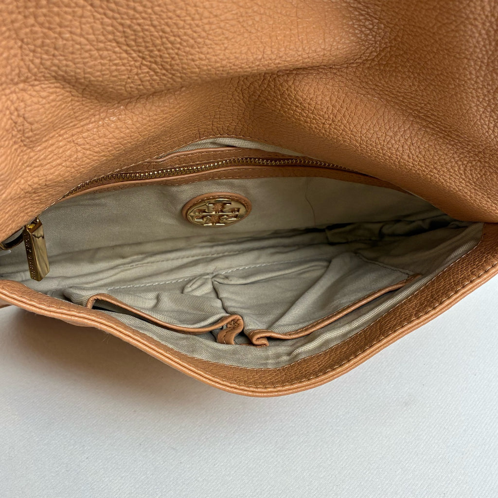 TORYBURCH Cinnamon Powder Shoulder Bag Crossbody Bag Foldable Bag Lychee Cowhide 99% New Size 29*20