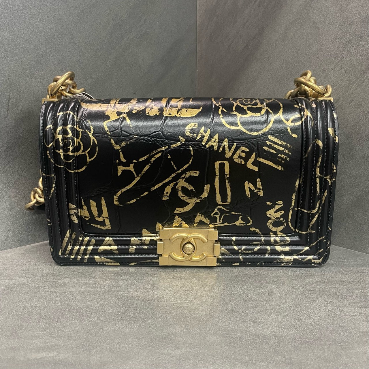 Chanel Limited Edition Discontinued Egypt Series Medium Le Boy, Black Gold Crocodile Embossed Graffiti Gilded, 28 Open, No Wear on Four Corners