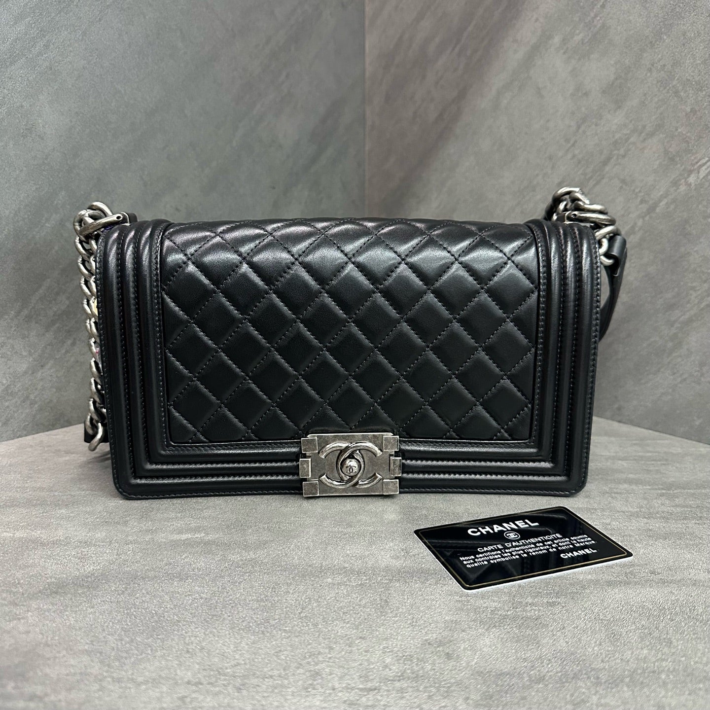 Chanel leboy medium black and silver lambskin chain bag, 16-series with card, structured shape, clean interior