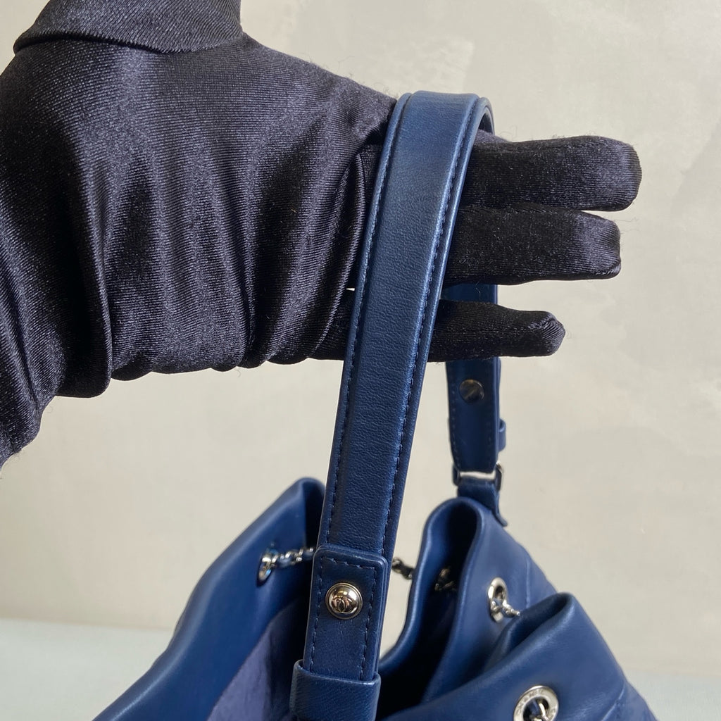 Chanel 97 New 23 Opening Deep Blue Quilted Bucket Bag 2 Ways Size 26.5*27