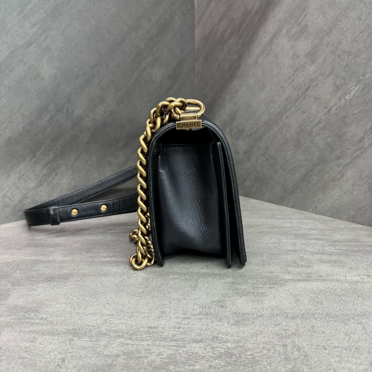 Chanel Black Gold Medium Leboy Lambskin, 19 Series, Structured Shape, Clean Interior, In Stock at Great Price