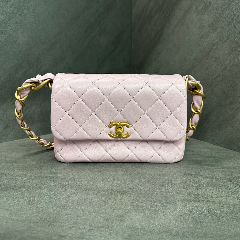Chanel Hobo Bag with Chunky Chain Shoulder Strap, Sakura Pink, Lambskin, Flap Bag, Chip Version