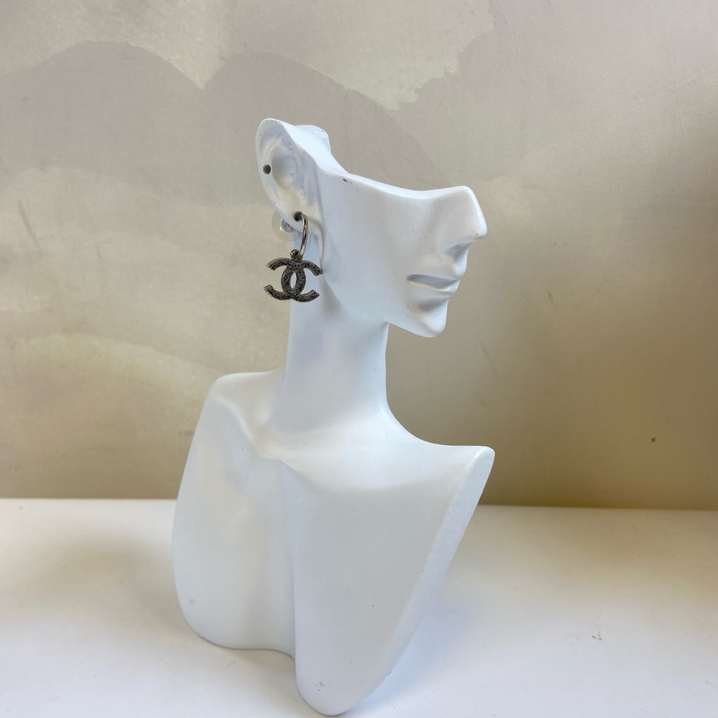 Chanel Double C Silver Logo Wheat Earrings